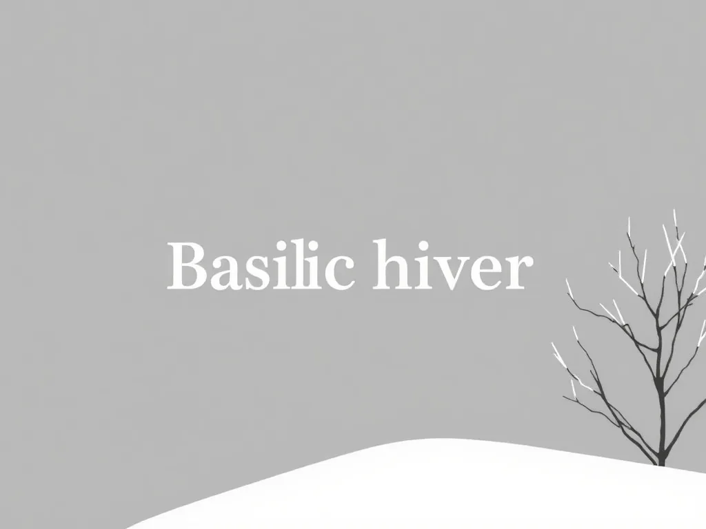 Un pot de basilic placé derrière une fenêtre, feuilles partiellement flétries par le froid, lumière d'hiver rasante, quelques feuilles vertes encore vigoureuses au centre.