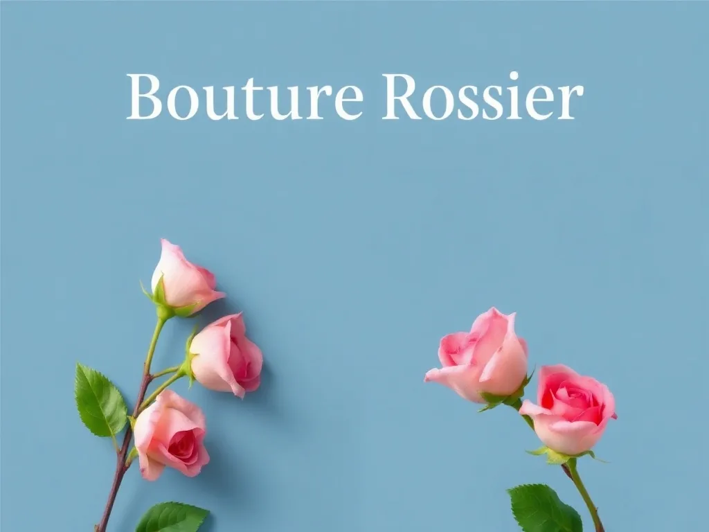 Gros plan sur une tige de rosier fraîchement coupée, plantée dans un petit pot en terre cuite, quelques feuilles encore attachées, sur une table de jardin en bois.