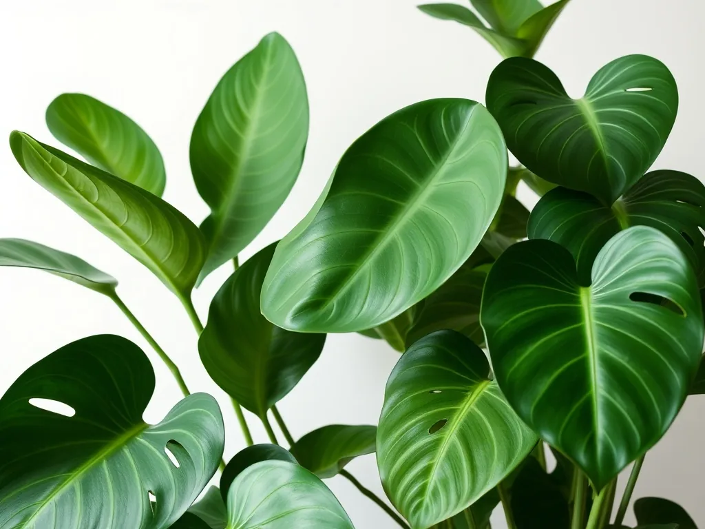 Une bouture de Monstera deliciosa dans un vase en verre, avec de jeunes racines blanches et deux grandes feuilles découpées.