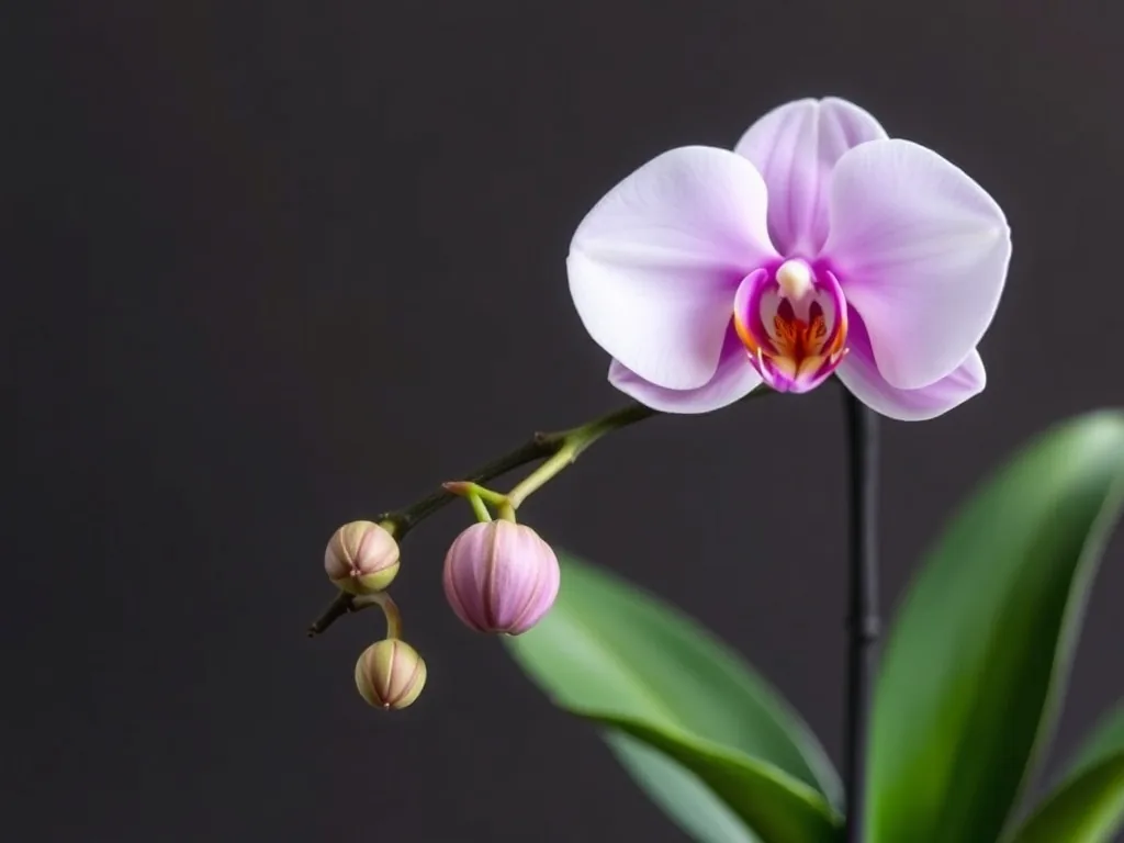 Une orchidée phalaenopsis avec une hampe défleurie, encore verte, à côté d'un sécateur de jardin.