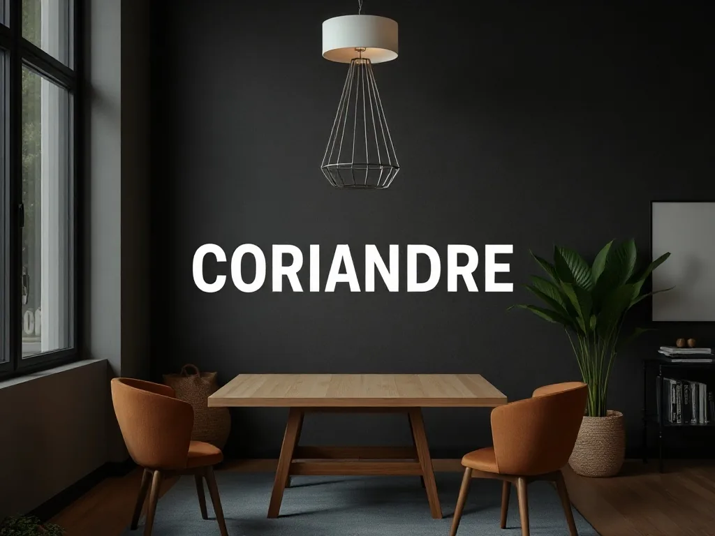 Bouquet de coriandre fraîche aux feuilles vert tendre, posé sur une planche en bois clair, à côté d'un petit pot en terre cuite avec des semis qui sortent à peine.
