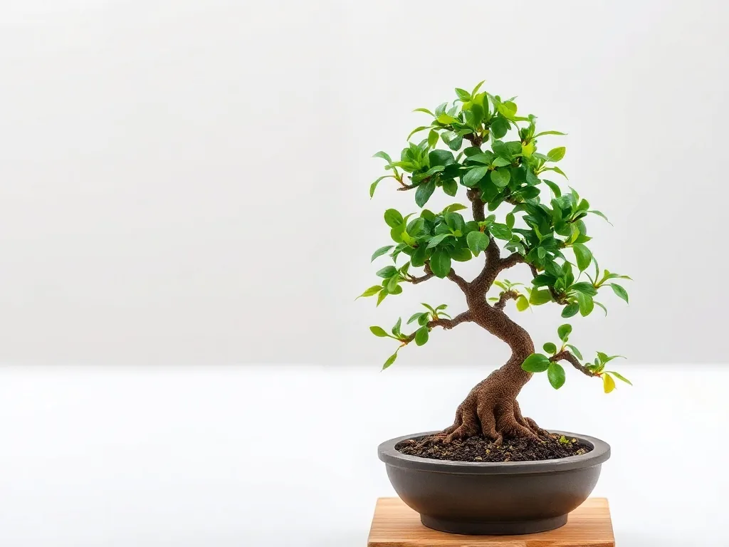 Un ficus bonsaï au tronc noueux posé sur un plateau en bois clair, baigné de lumière naturelle venant de gauche, le feuillage dense et vert vif.