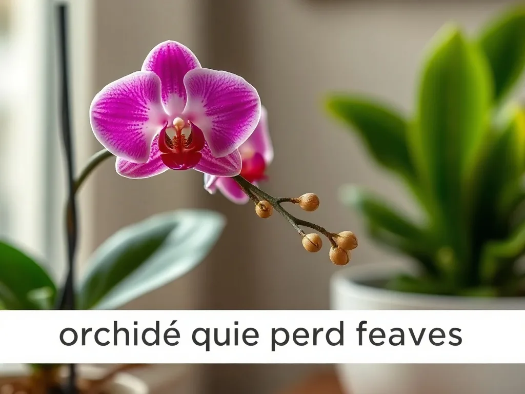 Une orchidée Phalaenopsis en pot transparent, deux feuilles jaunies à la base, racines vertes visibles à travers le pot, posée près d'une fenêtre.
