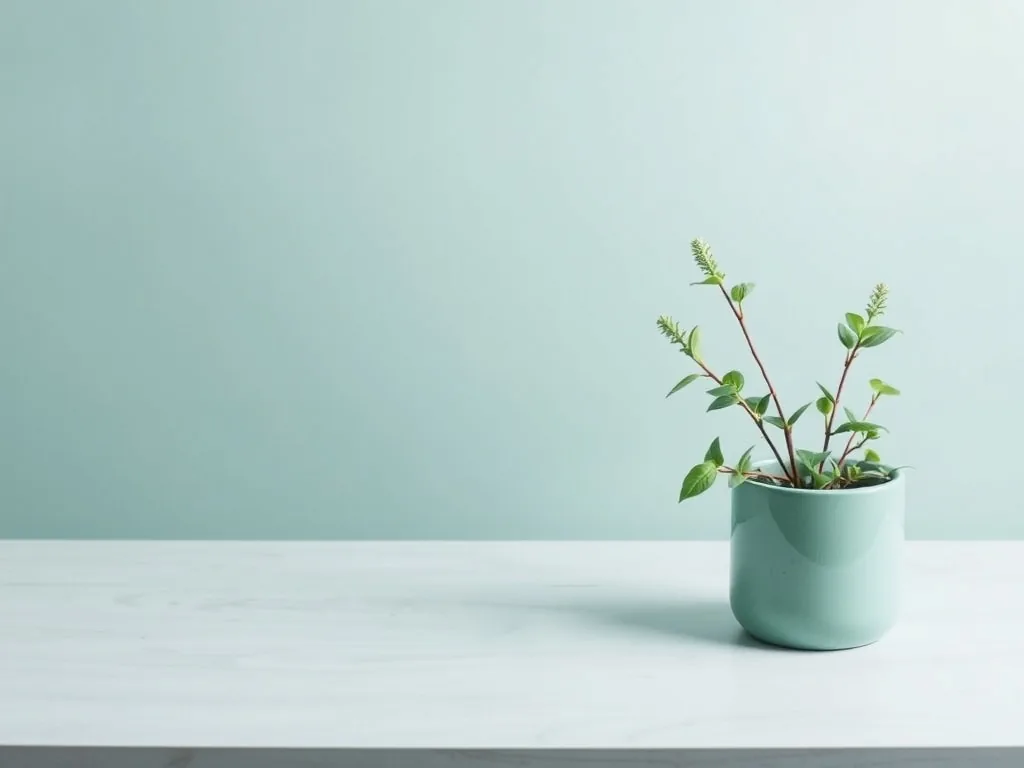 Un origan en pot, tiges dressées et petites feuilles, posé sur un rebord de fenêtre baigné de soleil direct, avec un arrière-plan flou de jardin sec.